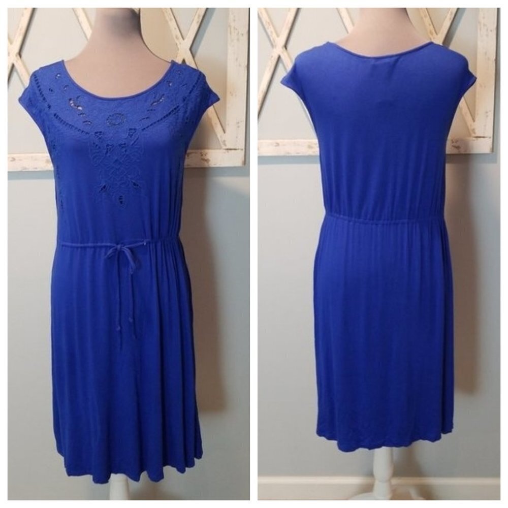 Spense Royal Blue Drawstring Cinch Waist Eyelet Dress Medium